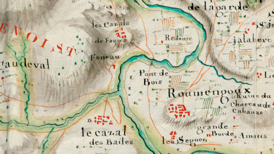 Carte des Basses Pyrnes vers 1720 (dtail), oriente sud-nord pour des besoins militaires