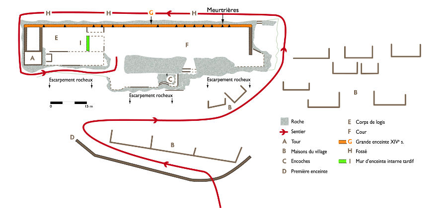 Plan schématique du site du château de Roquefort-les-Cascades