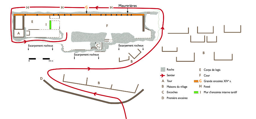 Plan schmatique du site du chteau de Roquefort-les-Cascades