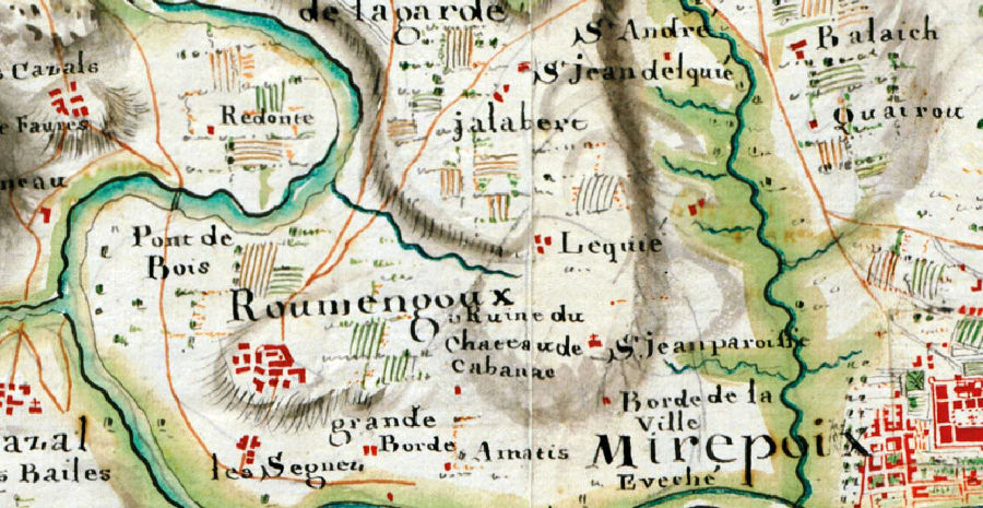 Carte des Basses Pyrnes vers 1720 (dtail), oriente sud-nord pour des besoins militaires