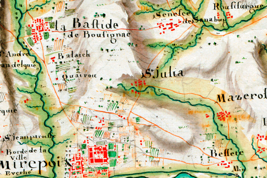 Carte des Basses Pyrnes vers 1720 (dtail), oriente sud-nord pour des besoins militaires