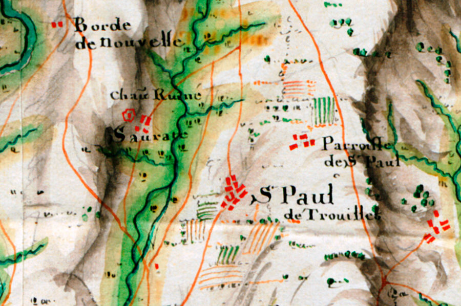 Carte des Basses Pyrnes vers 1720 (dtail), oriente sud-nord pour des besoins militaires