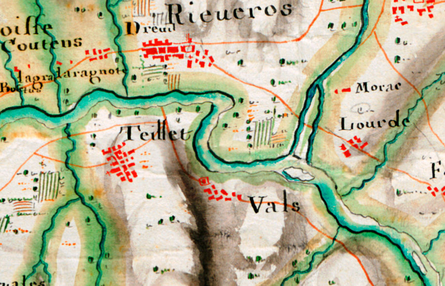 Carte des Basses Pyrnes vers 1720 (dtail), oriente sud-nord pour des besoins militaires