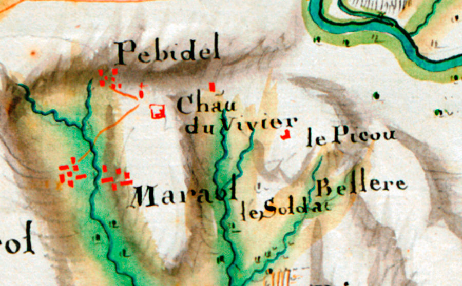 Carte des Basses Pyrnes vers 1720 (dtail), oriente sud-nord pour des besoins militaires