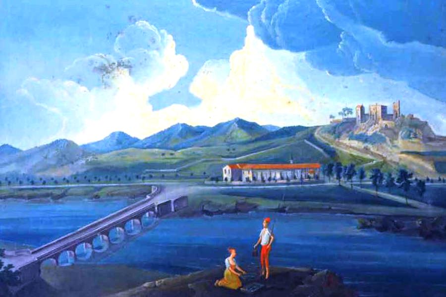 Vue du pont de Mirepoix et du château de Terride, peinture anonyme du XVIIe siècle