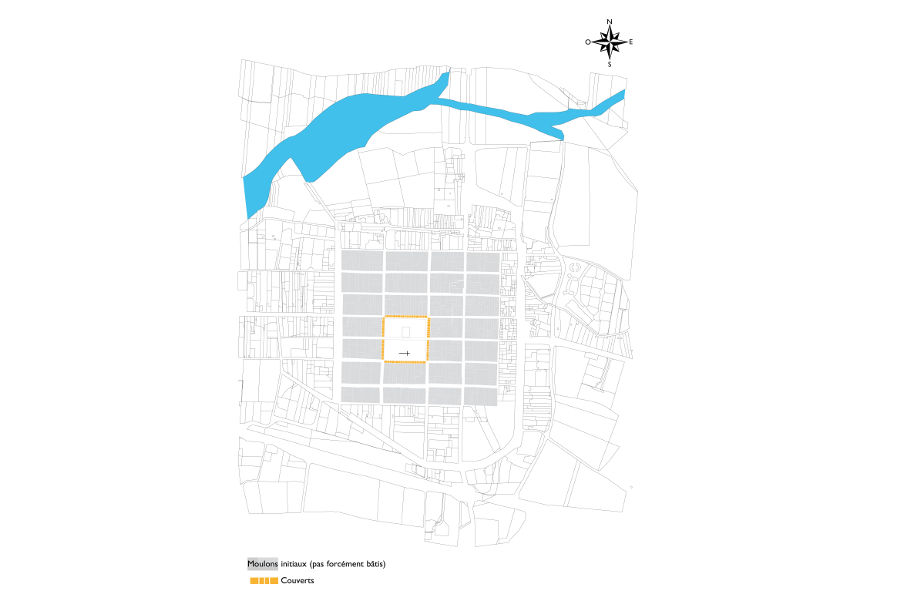 Trac initial de la ville (1298-1362),  partir du cadastre actuel