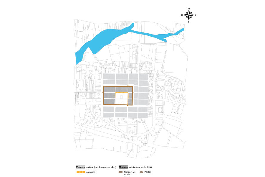 Trac de la ville, 2e moiti XIVe sicle,  partir du cadastre actuel