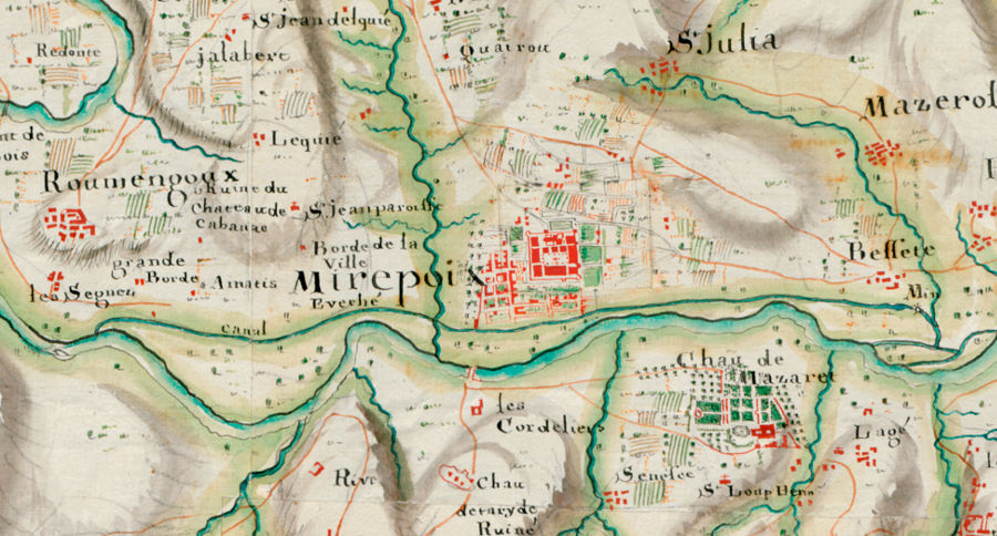 Canal de Mirepoix  Besset, carte des Basses Pyrnes vers 1720 (dtail), oriente sud-nord pour des besoins militaires