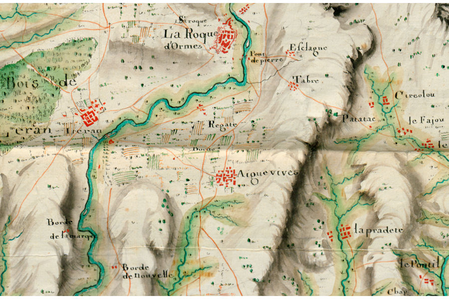 Carte des Basses Pyrnes vers 1720 (dtail), oriente sud-nord pour des besoins militaires