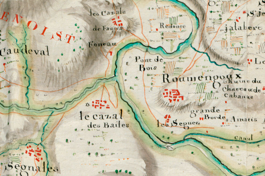 Carte des Basses Pyrnes vers 1720 (dtail), oriente sud-nord pour des besoins militaires