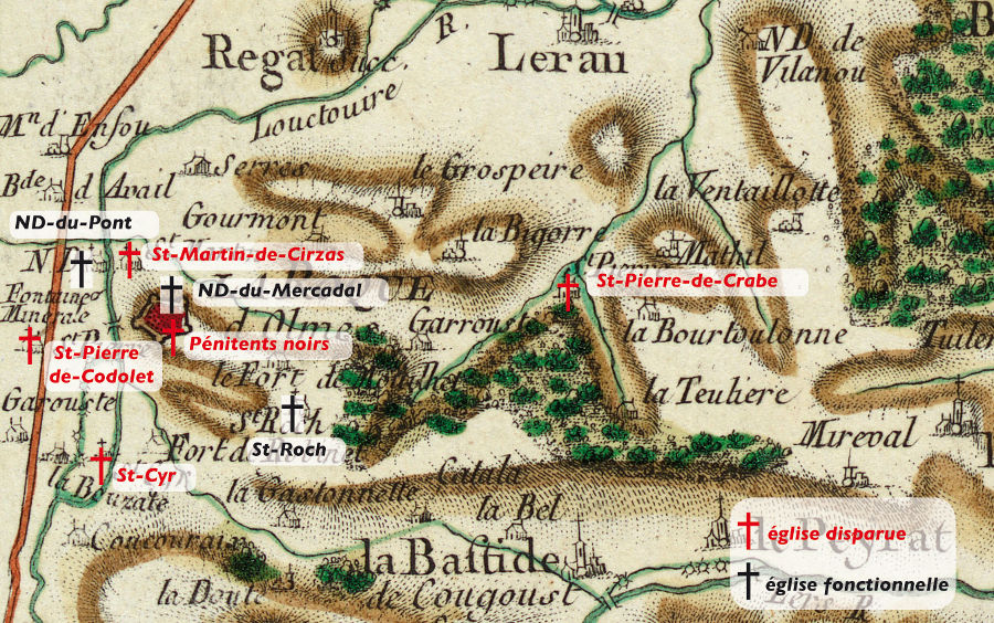 Situation des églises, Carte de Cassini XVIIIe siècle