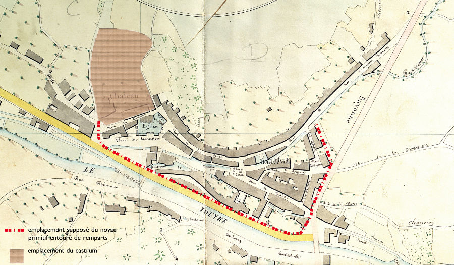 Emplacement du castrum et des fortifications,  partir du plan des Ponts et Chausses 1847