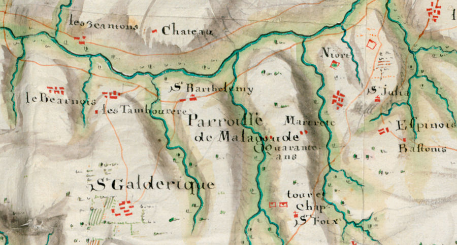 Carte des Basses Pyrnes vers 1720 (dtail), oriente sud-nord pour des besoins militaires