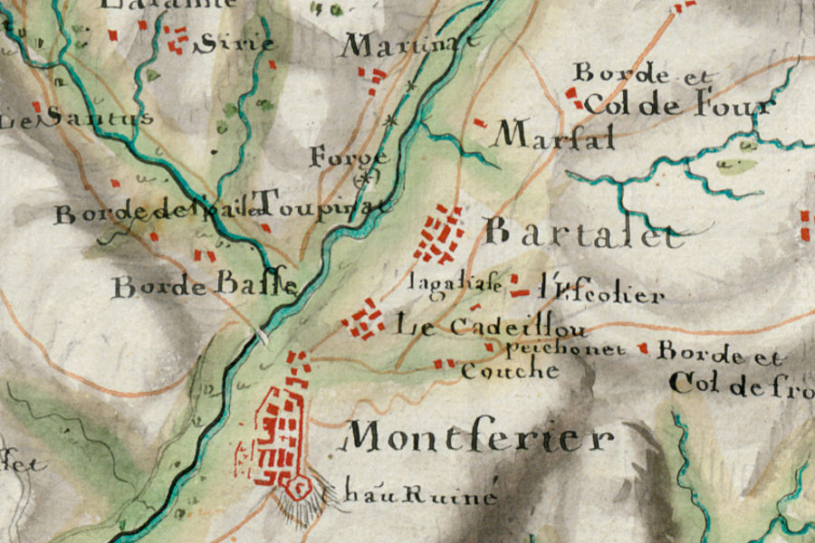 Carte des Basses Pyrénées vers 1720 (détail), orientée sud-nord pour des besoins militaires