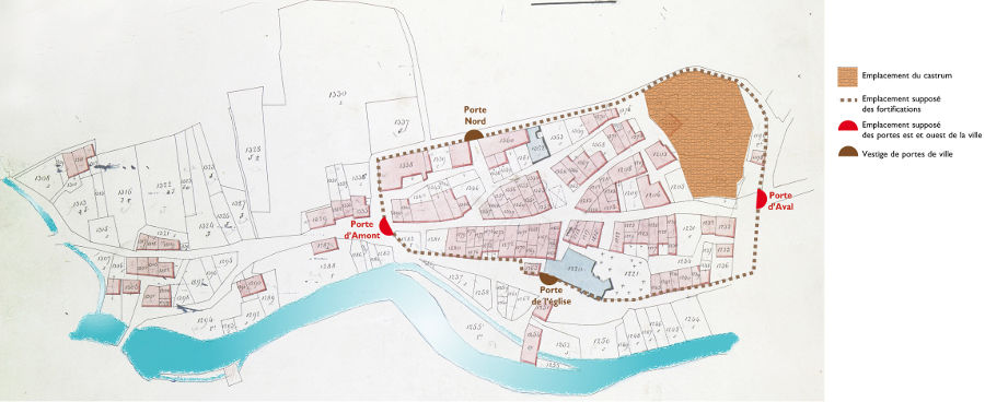 Situation supposée des fortifications, portes de ville et castrum, à partir du cadastre Napoléonien